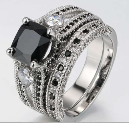2-in-1 High Quality Womens 925 Sterling Silver Princess Cut Natural Black Zircon Ring Crystal Zircon